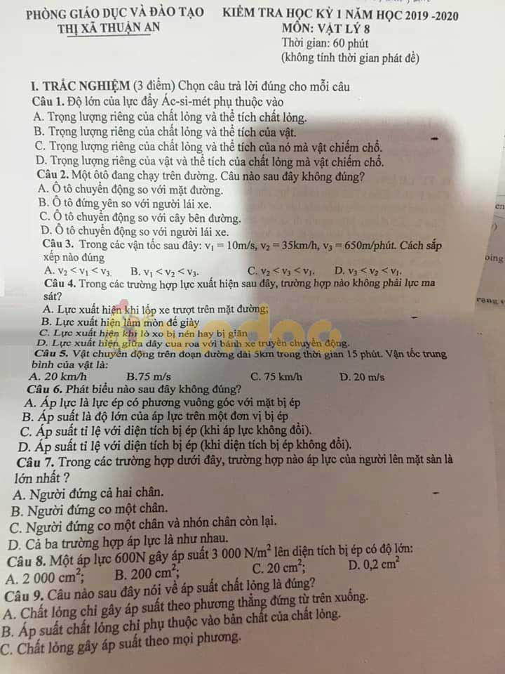 Đề thi học kì 1 lớp 8 môn Vật lý Phòng GD&ĐT thị xã Thuận An năm học 2019 - 2020