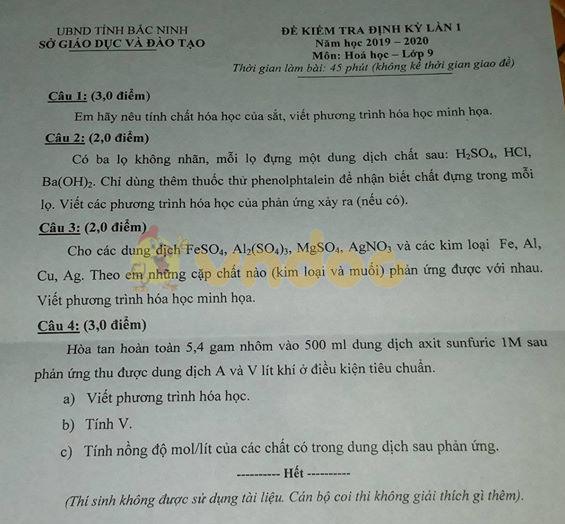 Đề thi học kì 1 lớp 9 môn Hóa học Sở GD&ĐT Bắc Ninh năm 2019 - 2020