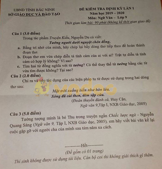Đề thi học kì 1 lớp 9 môn Ngữ văn Sở GD&ĐT Bắc Ninh năm học 2019 - 2020