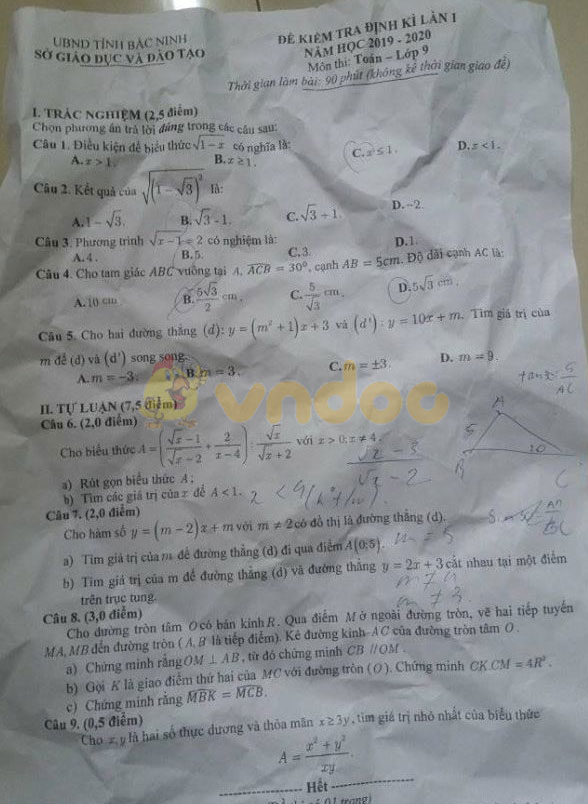 Đề thi học kì 1 lớp 9 môn Toán Sở GD&ĐT Bắc Ninh năm học 2019 - 2020