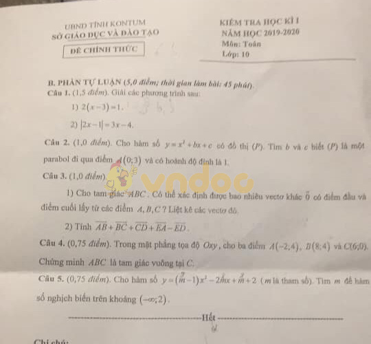 Đề thi học kì 1 lớp 9 môn Toán Sở GD&ĐT KonTum năm học 2019 - 2020