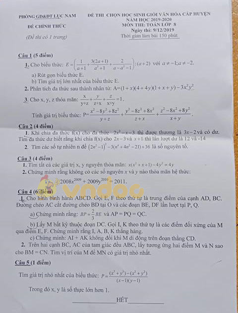 Đề thi chọn học sinh giỏi cấp huyện lớp 8 môn Toán Phòng GD&ĐT Lục Nam năm học 2019 - 2020