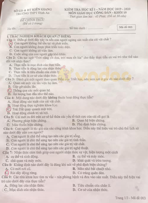 Đề thi học kì 1 lớp 10 môn GDCD Trường THPT Định An, Kiên Giang năm học 2019 - 2020