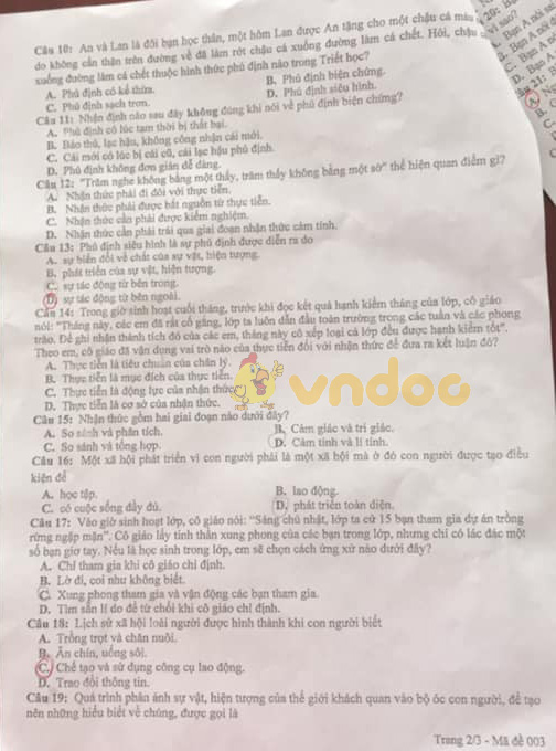 Đề thi học kì 1 lớp 10 môn GDCD Trường THPT Định An, Kiên Giang năm học 2019 - 2020