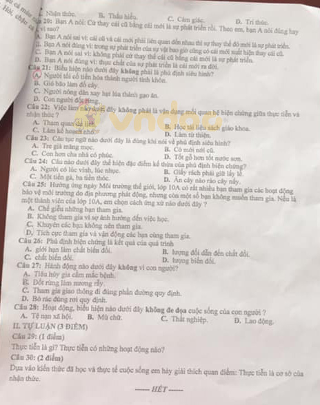 Đề thi học kì 1 lớp 10 môn GDCD Trường THPT Định An, Kiên Giang năm học 2019 - 2020