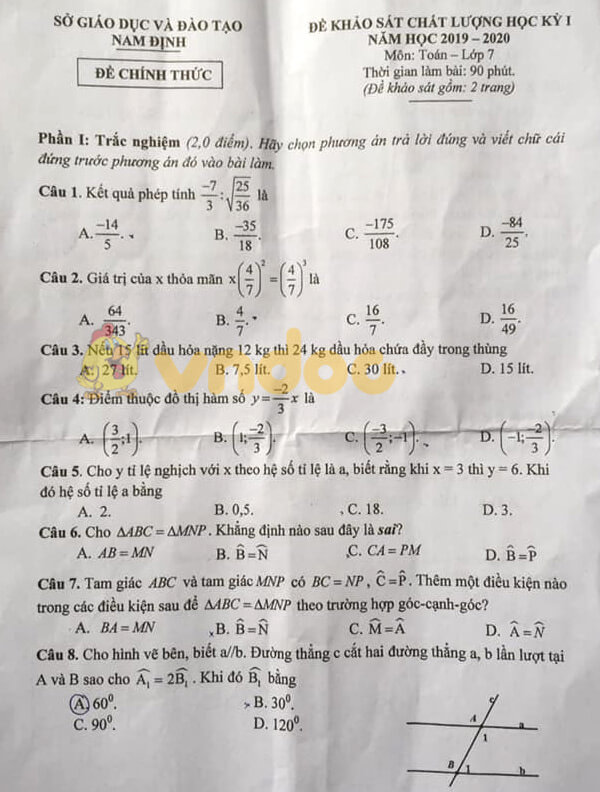 Đề kiểm tra học kì 1 môn Toán 7 năm 2019