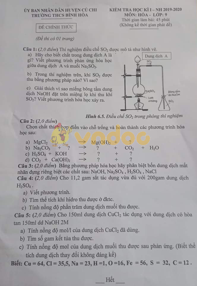 Đề thi học kì 1 lớp 9 môn Hóa học Trường THCS Bình Hòa, Củ Chi năm học 2019 - 2020