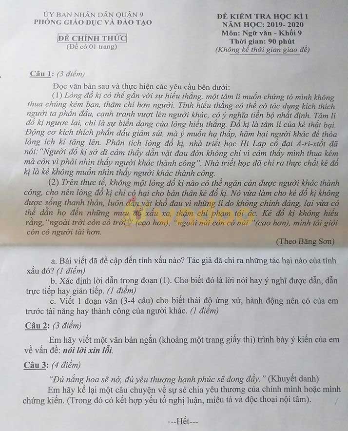 Đề thi học kì 1 lớp 9 môn Ngữ văn Phòng GD&ĐT Quận 9 năm 2019 - 2020