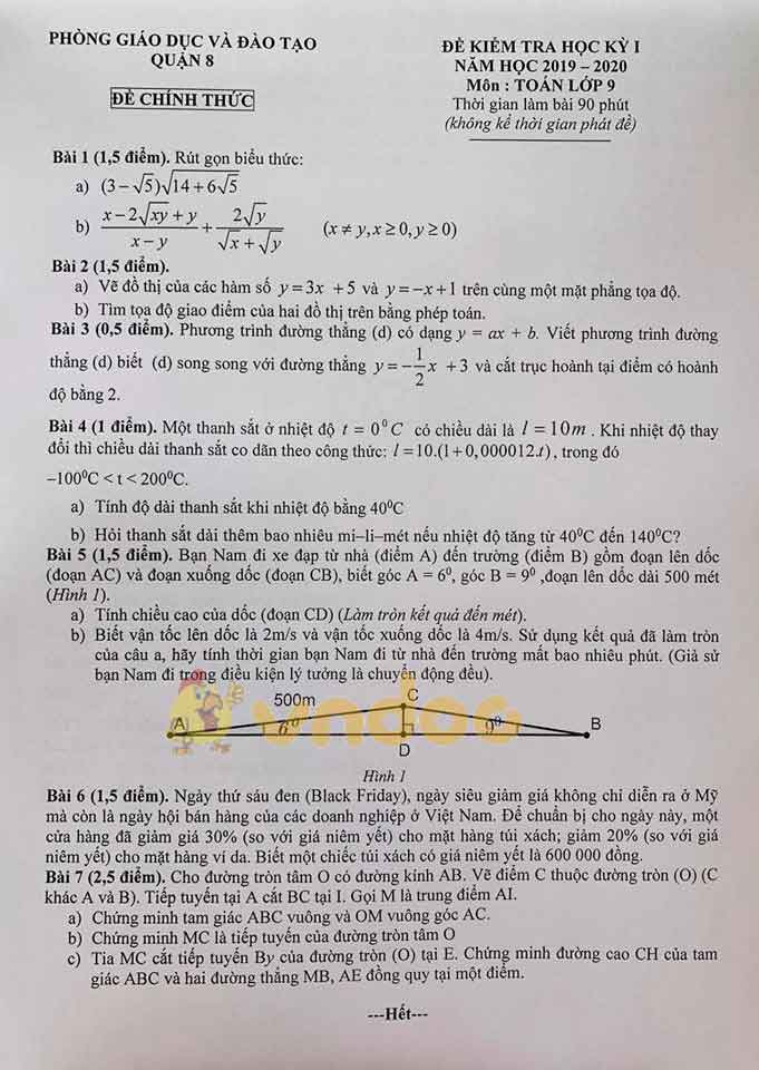 Đề thi học kì 1 lớp 9 môn Toán Phòng GD&ĐT Quận 8 năm học 2019 - 2020