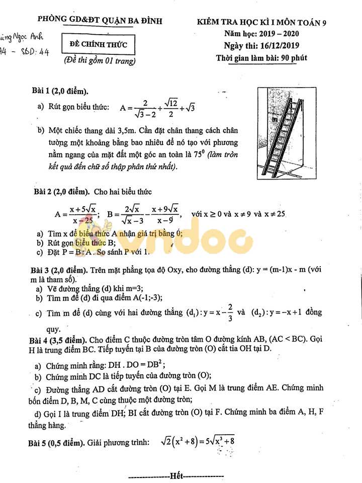 Đề thi học kì 1 lớp 9 môn Toán Phòng GD&ĐT quận Ba Đình năm học 2019 - 2020