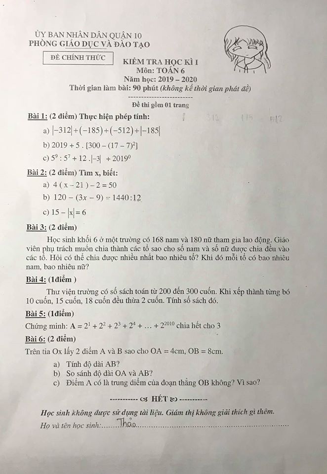 Đề thi học kì 1 môn Toán lớp 6