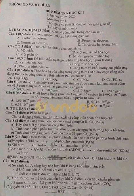 Đề thi học kì 1 lớp 8 môn Hóa học Phòng GD&ĐT Dĩ An, Bình Dương năm học 2019 - 2020