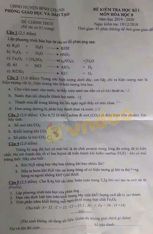 Đề thi học kì 1 lớp 8 môn Hóa học Phòng GD&ĐT huyện Bình Chánh năm học 2019 - 2020