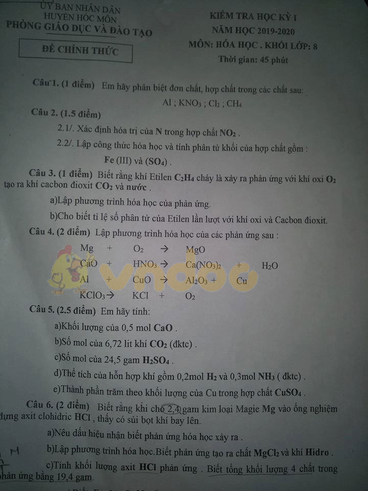 Đề thi học kì 1 lớp 8 môn Hóa học Phòng GD&ĐT huyện Hóc Môn năm học 2019 - 2020