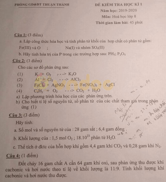 Đề thi học kì 1 lớp 8 môn Hóa học Phòng GD&ĐT Thuận Thành, Bắc Ninh năm học 2019 - 2020