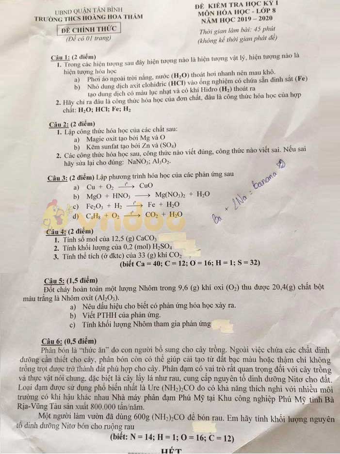 Đề thi học kì 1 lớp 8 môn Hóa học Trường THCS Hoàng Hoa Thám, quận Tân Bình năm học 2019 - 2020