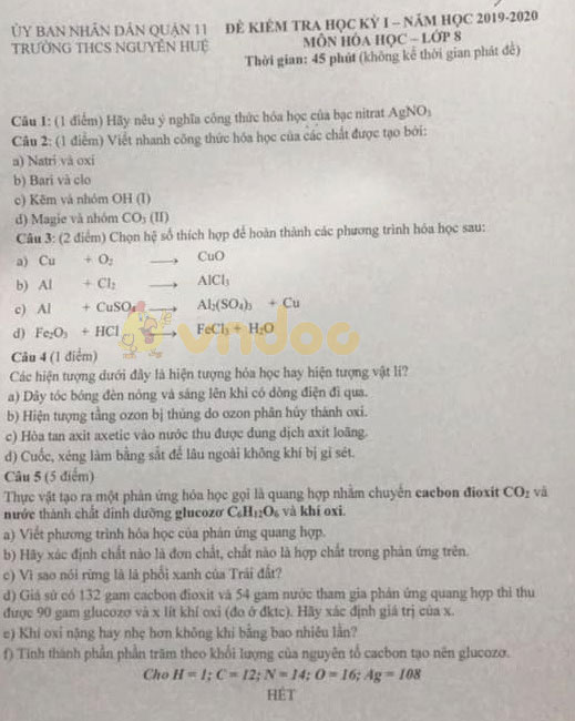 Đề thi học kì 1 lớp 8 môn Hóa học Trường THCS Nguyễn Huệ, Quận 11 năm học 2019 - 2020