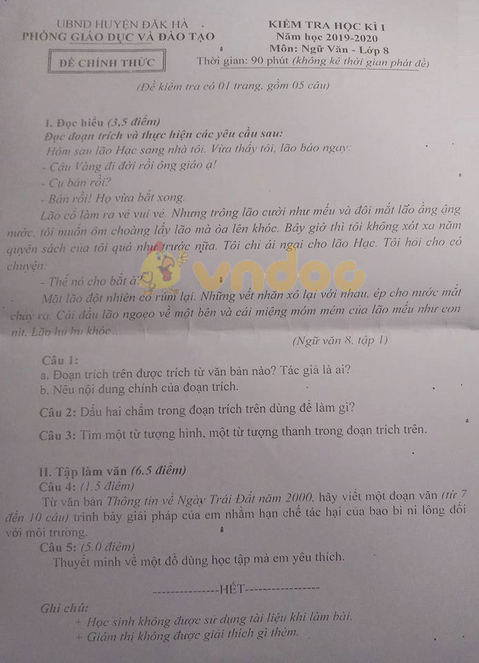 Đề thi học kì 1 lớp 8 môn Ngữ văn Phòng GD&ĐT huyện Đăk Hà năm học 2019 - 2020