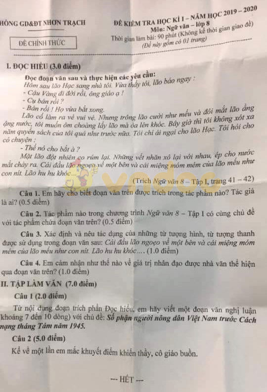 Đề thi học kì 1 lớp 8 môn Ngữ văn Phòng GD&ĐT Nhơn Trạch, Đồng Nai năm học 2019 - 2020