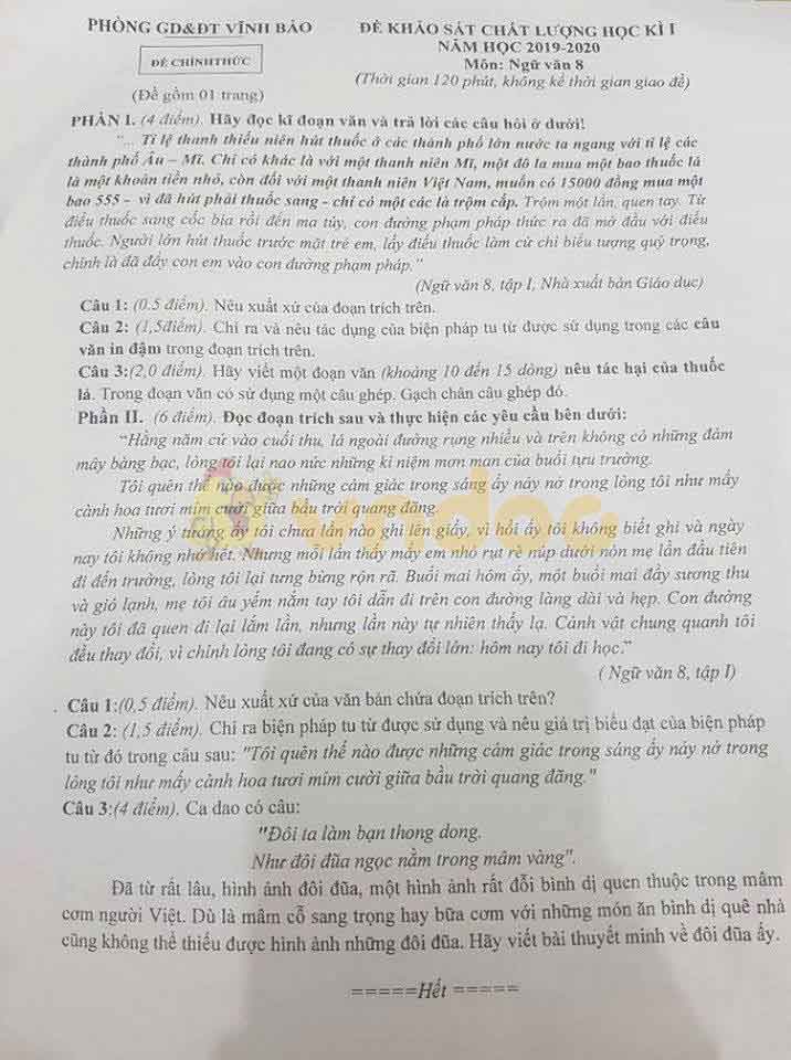 Đề thi học kì 1 lớp 8 môn Ngữ văn Phòng GD&ĐT Vĩnh Bảo, Hải Phòng năm học 2019 - 2020