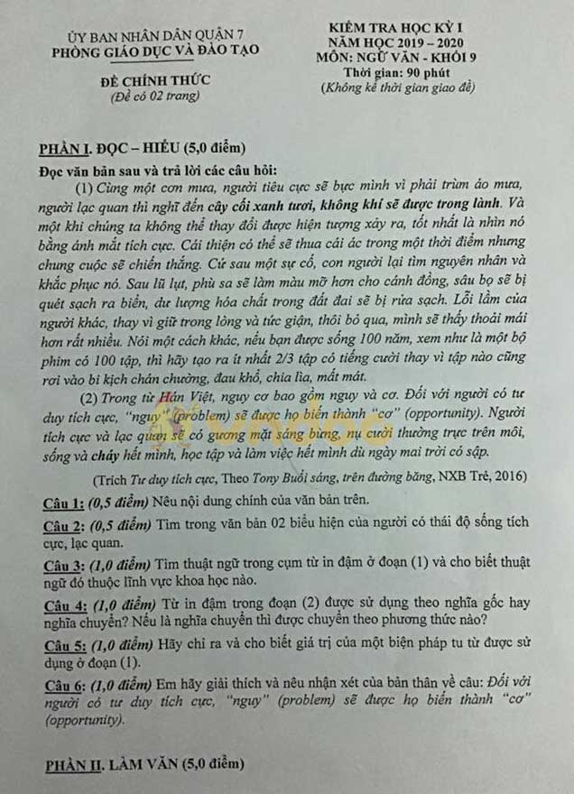 Đề thi học kì 1 lớp 9 môn Ngữ văn Phòng GD&ĐT Quận 7 năm học 2019 - 2020