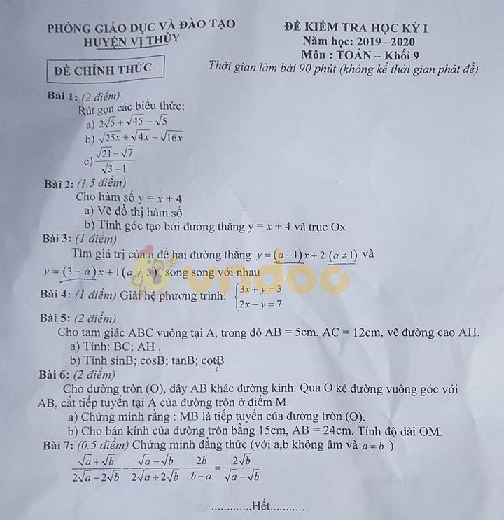 Đề thi học kì 1 lớp 9 môn Toán Phòng GD&ĐT huyện Vị Thủy năm học 2019 - 2020