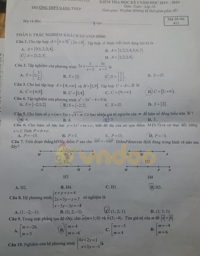 Đề thi học kì 1 lớp 10 môn Toán Trường THPT Gang Thép, Thái Nguyên năm học 2019 - 2020