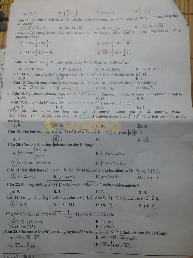 Đề thi học kì 1 lớp 10 môn Toán Trường THPT Gang Thép, Thái Nguyên năm học 2019 - 2020