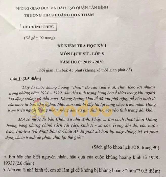 Đề thi học kì 1 lớp 8 môn Lịch sử trường THCS Hoàng Hoa Thám, quận Tân Bình năm 2019 - 2020