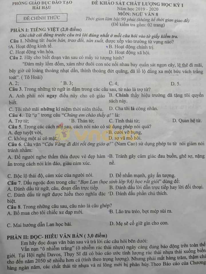 Đề thi học kì 1 lớp 8 môn Ngữ văn Phòng GD&ĐT Hải Hậu năm học 2019 - 2020