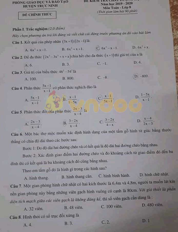 Đề thi học kì 1 lớp 8 môn Toán Phòng GD&ĐT huyện Trực Ninh năm học 2019 - 2020