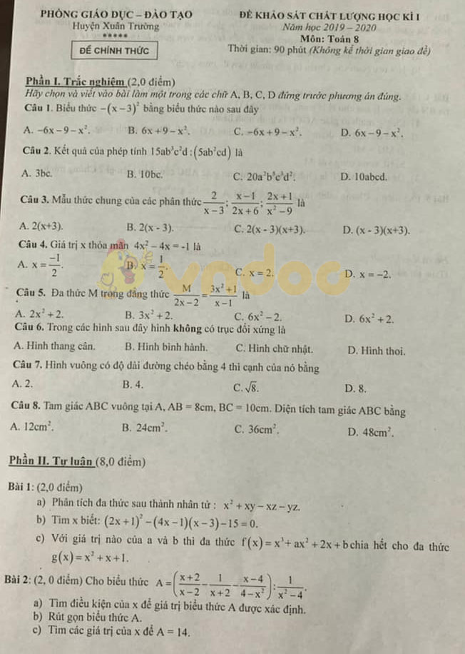 Đề thi học kì 1 lớp 8 môn Toán Phòng GD&ĐT huyện Xuân Trường năm học 2019 - 2020