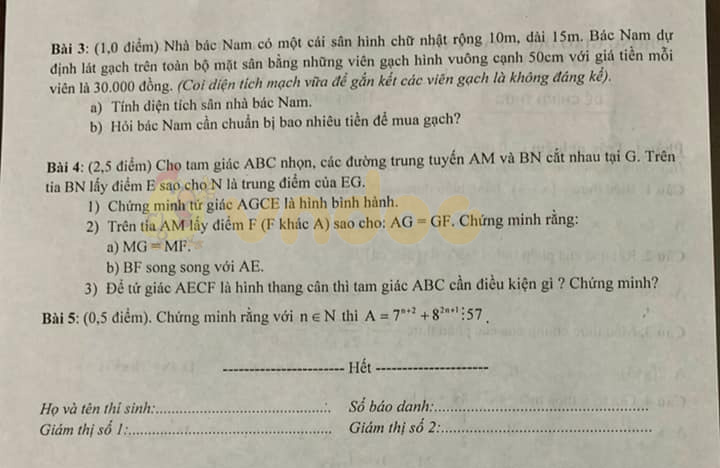 Đề thi học kì 1 lớp 8 môn Toán Phòng GD&ĐT huyện Xuân Trường năm học 2019 - 2020
