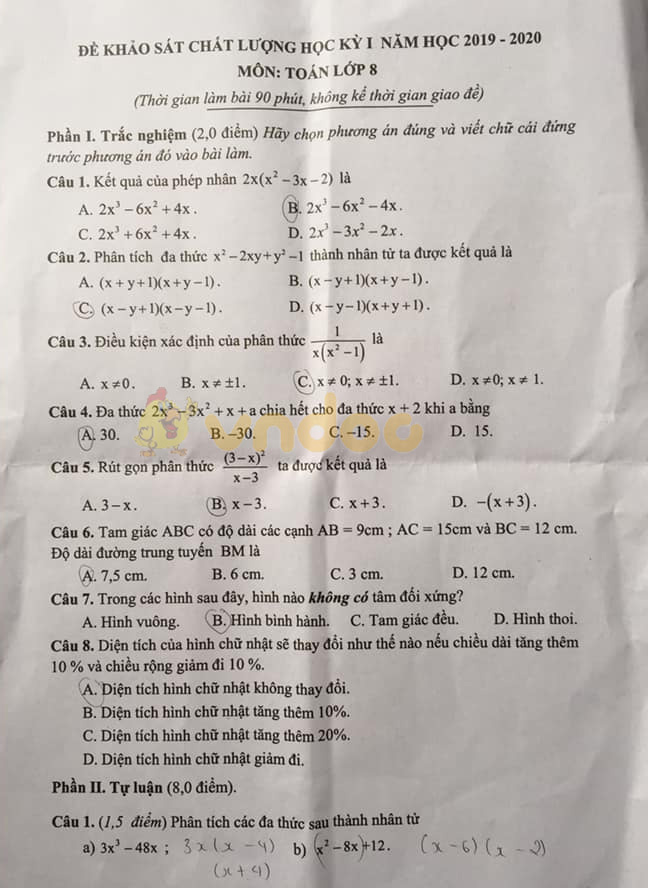 Đề thi học kì 1 lớp 8 môn Toán Phòng GD&ĐT huyện Ý Yên năm học 2019 - 2020