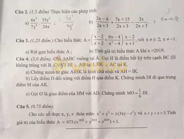 Đề thi học kì 1 lớp 8 môn Toán Phòng GD&ĐT huyện Ý Yên năm học 2019 - 2020