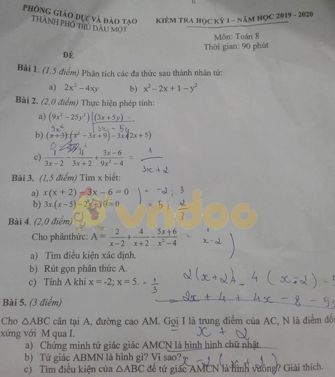Đề thi học kì 1 lớp 8 môn Toán Phòng GD&ĐT Thủ Dầu Một năm học 2019 - 2020