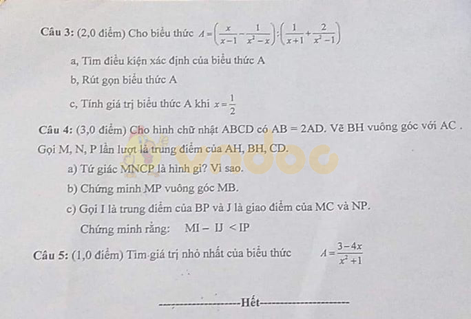 Đề thi học kì 1 lớp 8 môn Toán Trường THCS Lý Tự Trọng, Nam Định năm học 2019 - 2020