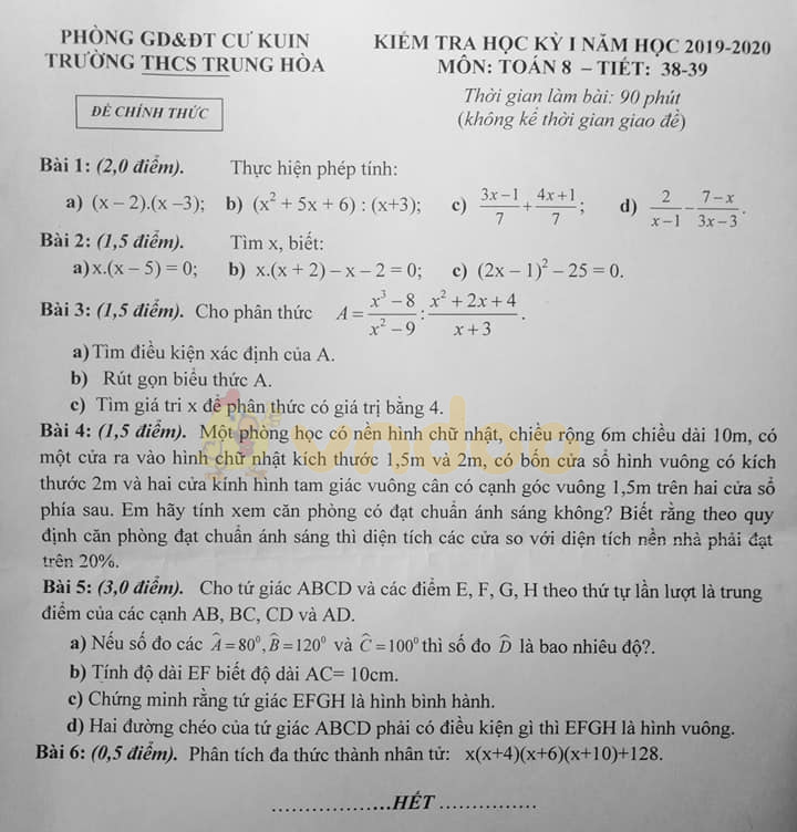 Đề thi học kì 1 lớp 8 môn Toán Trường THCS Trung Hòa, Cư Kuin năm học 2019 - 2020