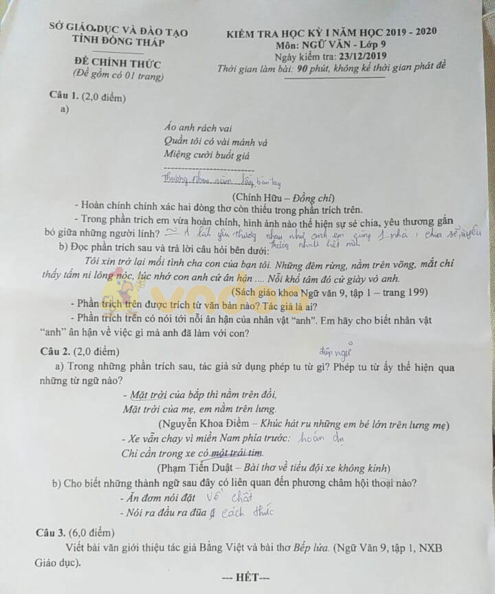 Đề thi học kì 1 lớp 9 môn Ngữ văn Sở GD&ĐT tỉnh Đồng Tháp năm học 2019 - 2020