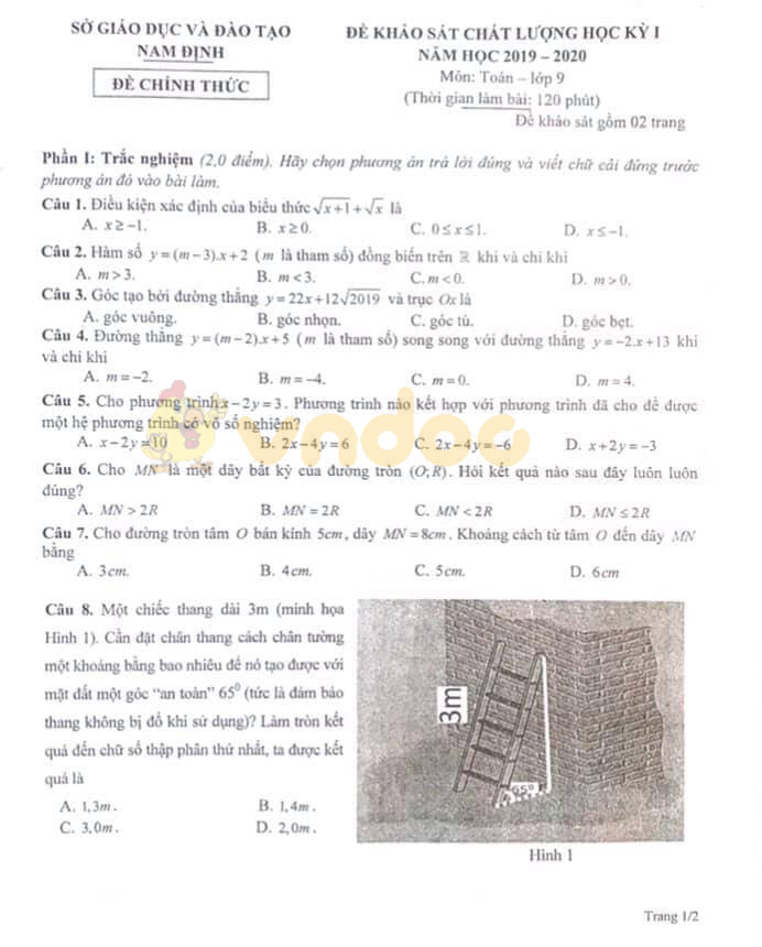 Đề thi học kì 1 lớp 9 môn Toán Sở GD&ĐT Nam Định năm học 2019 - 2020