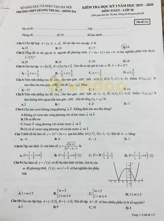 Đề thi học kì 1 lớp 10 môn Toán Trường THPT Quang Trung, Đống Đa năm học 2019 - 2020
