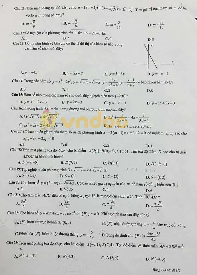 Đề thi học kì 1 lớp 10 môn Toán Trường THPT Quang Trung, Đống Đa năm học 2019 - 2020
