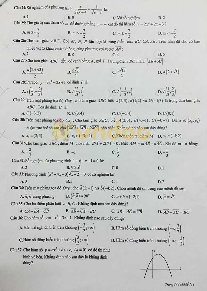 Đề thi học kì 1 lớp 10 môn Toán Trường THPT Quang Trung, Đống Đa năm học 2019 - 2020