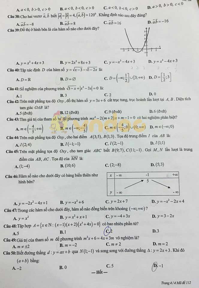 Đề thi học kì 1 lớp 10 môn Toán Trường THPT Quang Trung, Đống Đa năm học 2019 - 2020