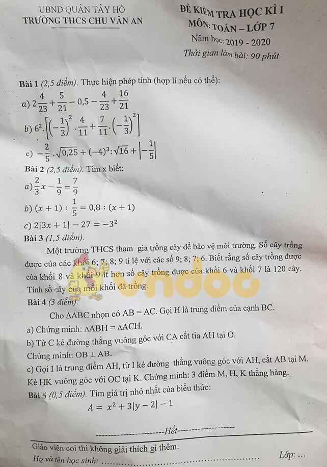 Đề kiểm tra học kì 1 môn Toán 7 năm 2019