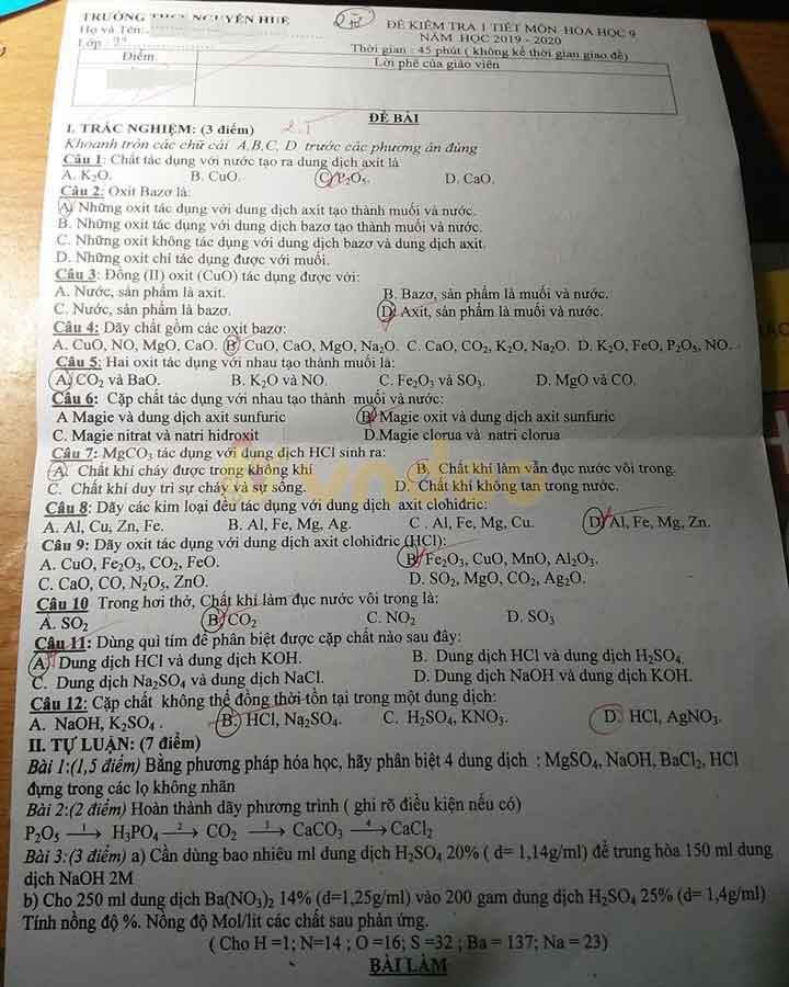 Đề thi học kì 1 lớp 9 môn Hóa học Trường THCS Nguyễn Huệ năm học 2019 - 2020