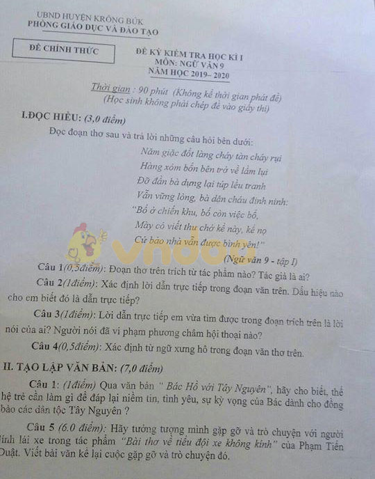 Đề thi học kì 1 lớp 9 môn Ngữ văn Phòng GD&ĐT huyện Krông Búk năm học 2019 - 2020