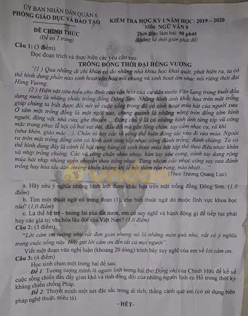 Đề thi học kì 1 lớp 9 môn Ngữ văn Phòng GD&ĐT Quận 6 năm học 2019 - 2020