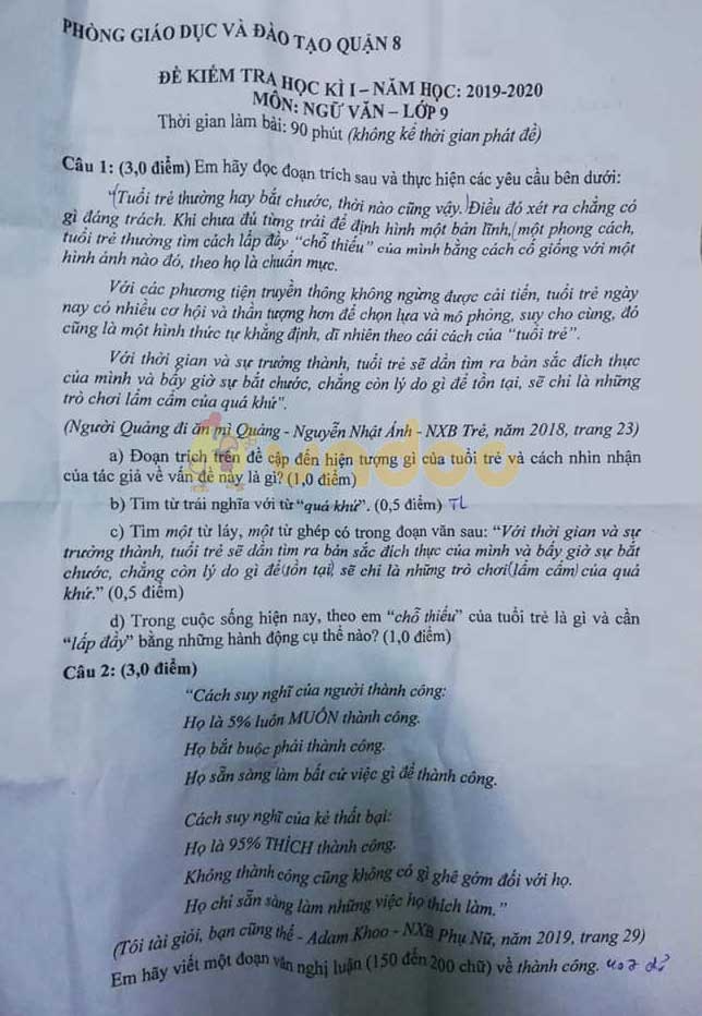 Đề thi học kì 1 lớp 9 môn Ngữ văn Phòng GD&ĐT Quận 8 năm học 2019 - 2020