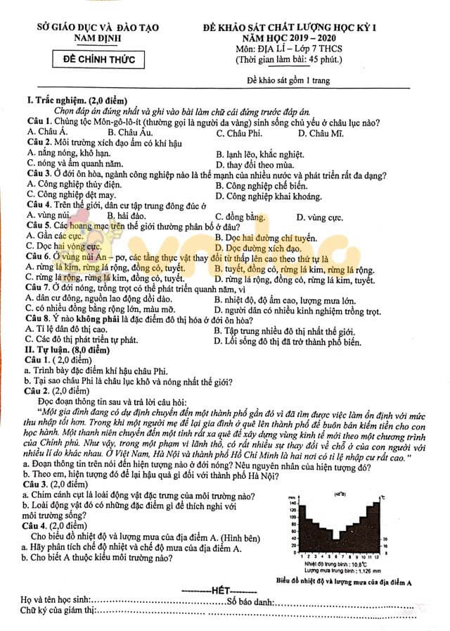 Đề kiểm tra học kì 1 lớp 7 môn Địa lý năm 2019